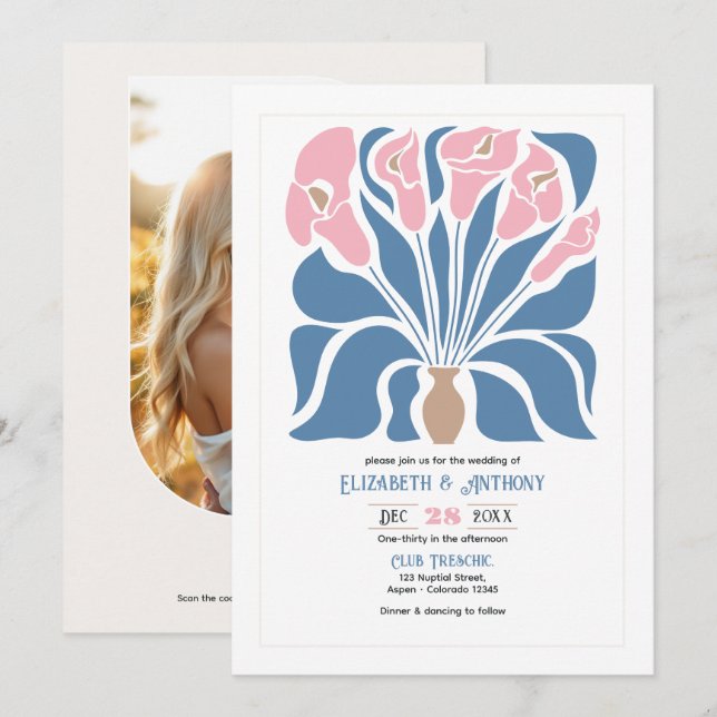 Blush & Denim Clay Abstract Floral Boho Wedding Einladung (Vorne/Hinten)