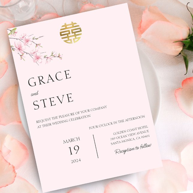 Blush Double Happiness Koreanische Hochzeit Einladung (Blush Double Happiness Korean Japanese Wedding Invitation)