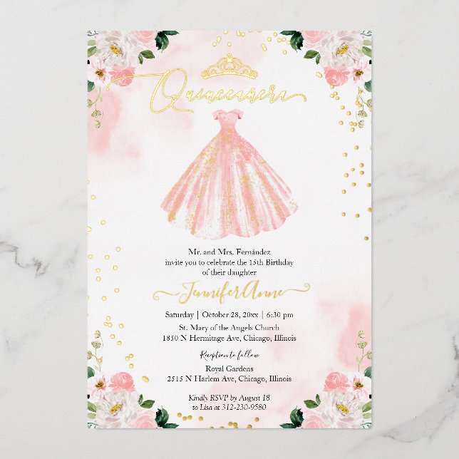 Blush Dress Quinceanera Folieneinladung (Vorderseite)