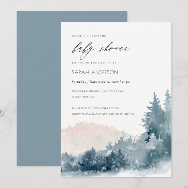 BLUSH DUSKY BLUE BERGE PINE BABY SHOWITE INVITE DANKESKARTE (Vorne/Hinten)