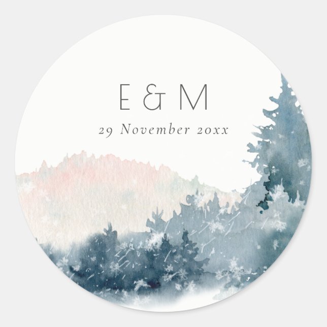 BLUSH DUSKY BLUE BERGE PINE MONOGRAM WEDING RUNDER AUFKLEBER (Vorderseite)
