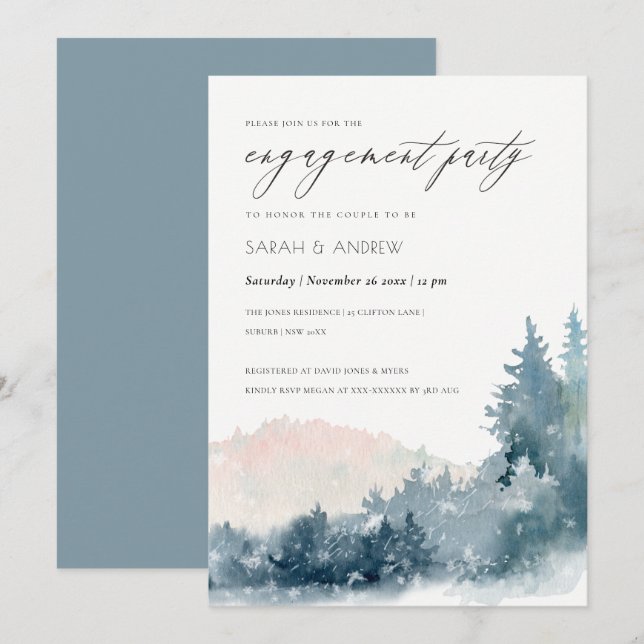 BLUSH DUSKY BLUE BERGE PINE VERLOBUNG INVITE DANKESKARTE (Vorne/Hinten)