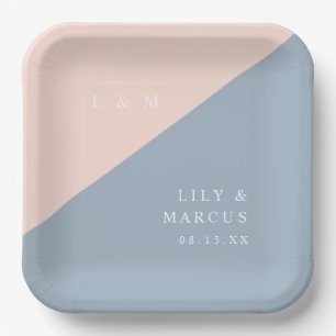 Blush Dusty Blue Minimalistisch Monogram Wedding Pappteller