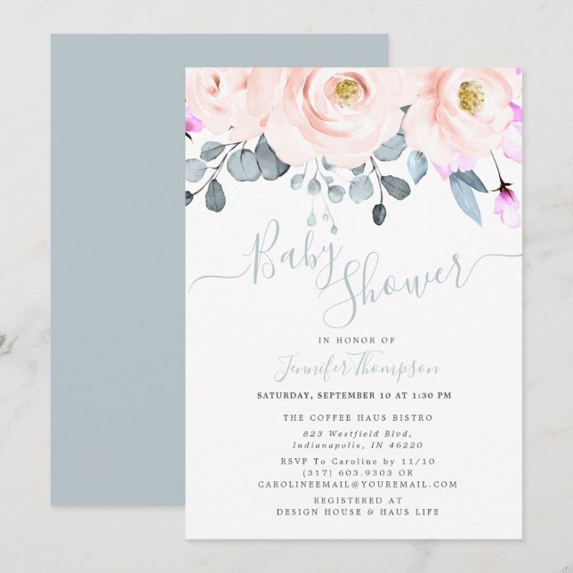 Blush & Dusty Blue Watercolor BläsernBaby Dusche Einladung (Vorne/Hinten)