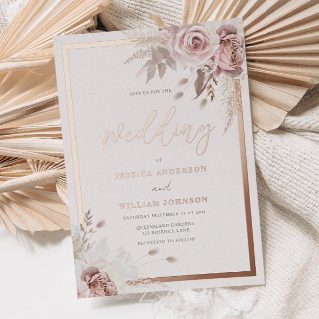 Blush & Dusty Rose Blumenzwiebeln Rose Goldgrenze Folieneinladung (Von Creator hochgeladen)