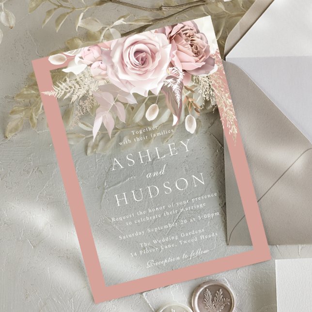 Blush & Dusty Rose Border Floral Wedding  Acryleinladungen (Von Creator hochgeladen)
