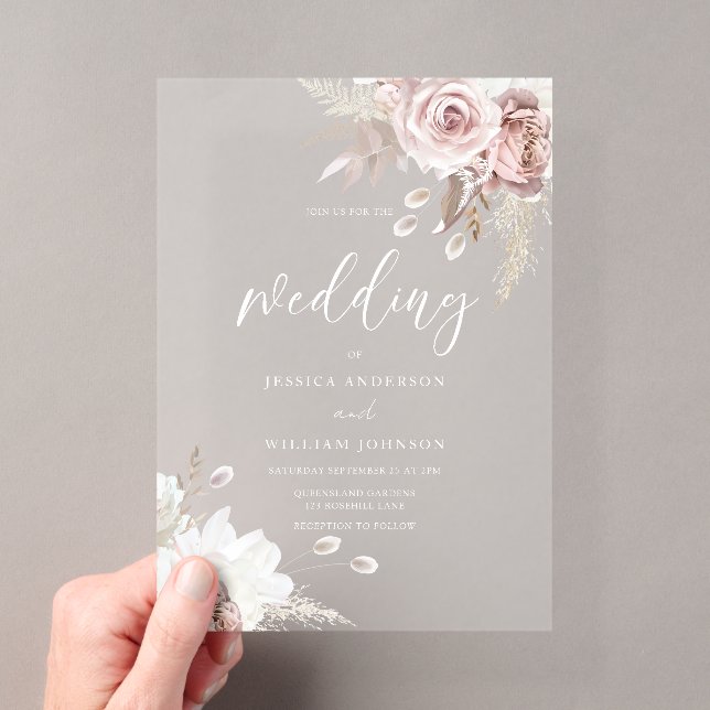 Blush & Dusty Rose Floral Wedding Frosted Acryleinladungen (Insitu (Handheld))
