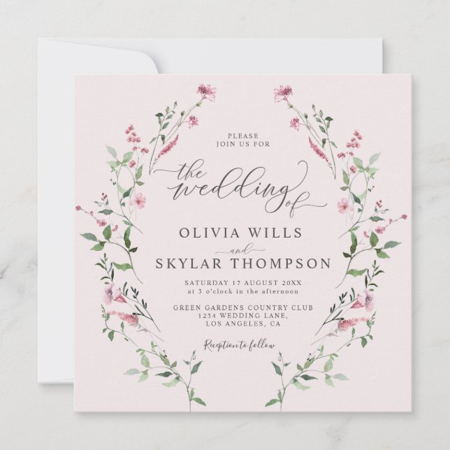 Blush Dusty Rose Wildblumen Garden Pink Wedding Einladung (Vorderseite)