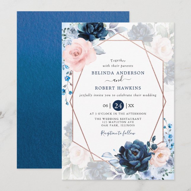 Blush Dusty und Navy Blush Pink Blues Hochzeit Einladung (Vorne/Hinten)