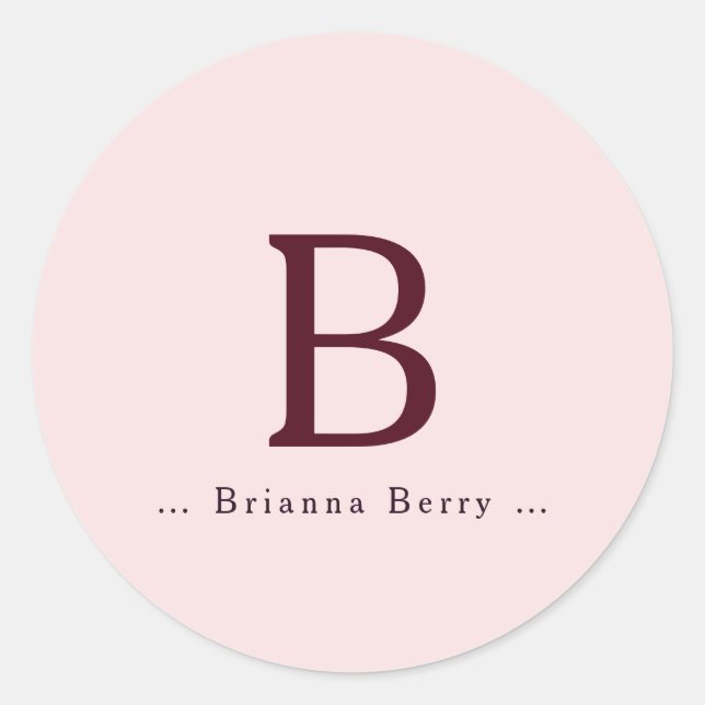 Blush Elegante Monogram Name Runder Aufkleber (Vorderseite)