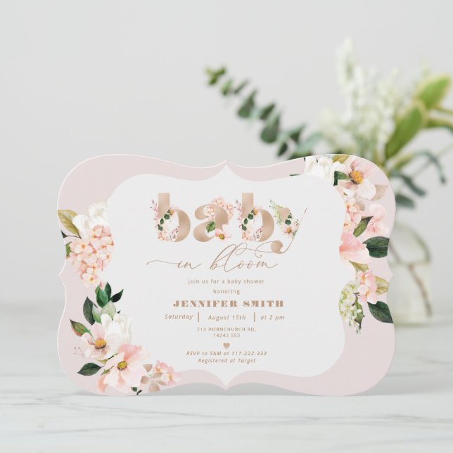 Blush elegantes Blütenbaby in blühender Babydusche Einladung (Stehend Vorderseite)