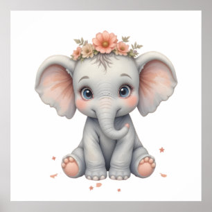 Blush Elephant Baby Room Poster - Animal Kinderzim