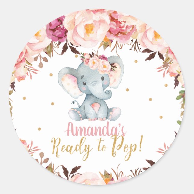 Blush Elephant Babydusche Bereit zum Pop Runder Aufkleber (Vorderseite)