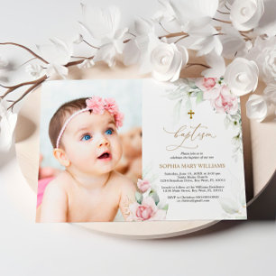 Blush & Eucalyptus Photo Baptême Invitation