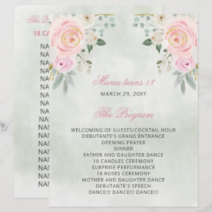 Blush Floral 18 Kerzen und Rose Zeremonie Programm