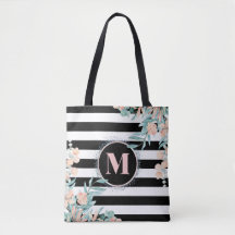 Blush Floral auf Schwarz-Weiß-Streifen Monogramm