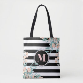 Blush Floral auf Schwarz-Weiß-Streifen Monogramm Tasche