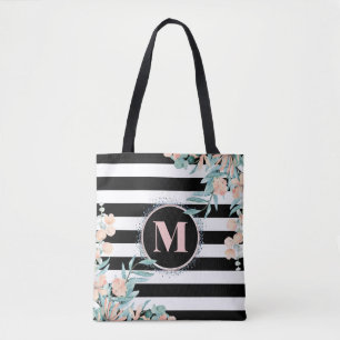 Blush Floral auf Schwarz-Weiß-Streifen Monogramm Tasche