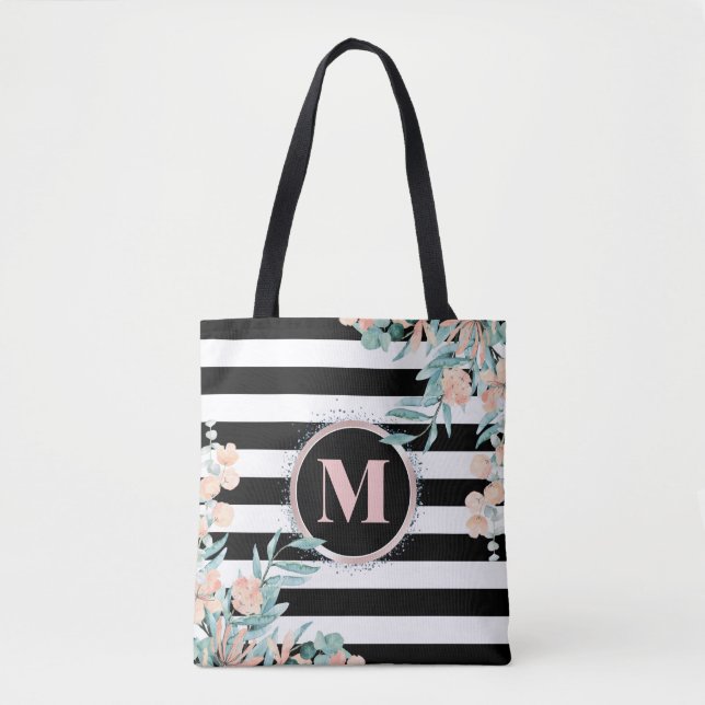 Blush Floral auf Schwarz-Weiß-Streifen Monogramm Tasche (Vorderseite)