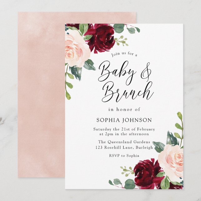 Blush Floral Baby Dusche Baby & Brunch Einladung (Vorne/Hinten)