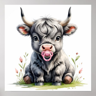 Blush Floral Baby Highland Cow Poster