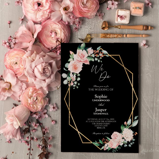 Blush Floral Black Einfach wir Hochzeit tun Einladung (Von Creator hochgeladen)