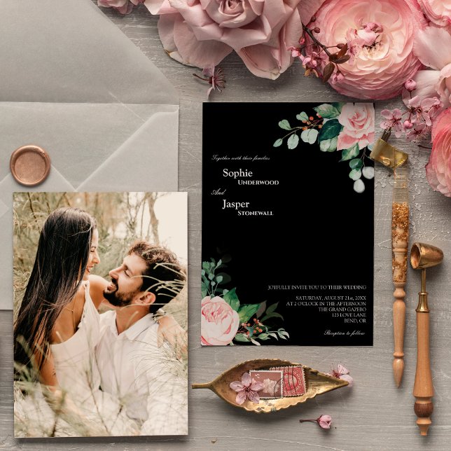 Blush Floral Black Foto Hochzeit Einladung (Von Creator hochgeladen)
