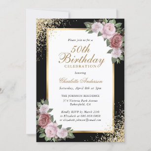 Blush Floral Black Gold Confetti 50. Geburtstag Einladung