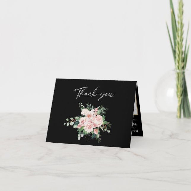 Blush Floral Black Hochzeit geklappt Danke Karte (Vorderseite)