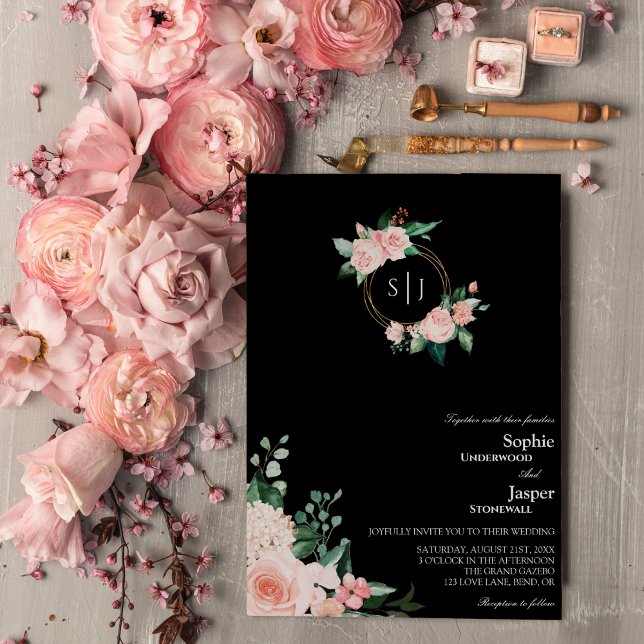 Blush Floral Black Monogram Weditation Einladung (Von Creator hochgeladen)