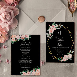 Blush Floral Black Simple Monogram Details Hochzei Einladung