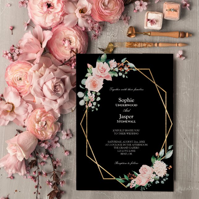 Blush Floral Black Simple Wedding Einladung (Von Creator hochgeladen)