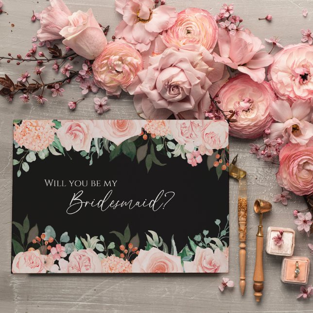 Blush Floral Black Wedding Bridesmaid Vorschlag Einladung (Von Creator hochgeladen)