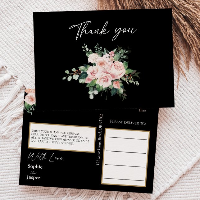 Blush Floral Black Wedding Danke Postcard Postkarte (Von Creator hochgeladen)