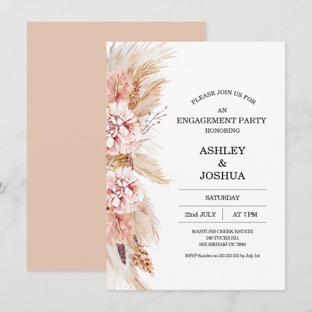 Blush Floral Boho Pampas Grass Verlobung Einladung (Vorne/Hinten)