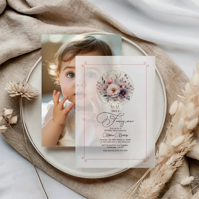Blush Floral Bow "Extravagant One" Erster Geburtst (Blush Floral Bow "Fancy One" First Birthday Vellum Invitations)