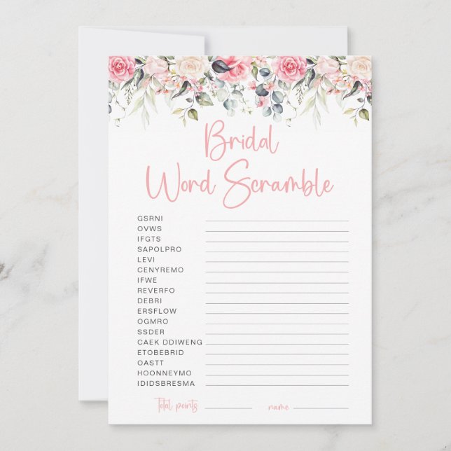 Blush Floral Brautparty Word Scramble Game Card Einladung (Vorderseite)