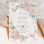 Blush Floral Butterfets Rose Gold 16 . Geburtstag Einladung<br><div class="desc">Persönliche Gestaltung dieser eleganten rot rosa Blumenkarte Sweet 16 Geburtstag Einladungskarte einfach und schnell. Klicken Sie einfach auf die Schaltfläche Bearbeiten mit Designs-Tools, um die Texte weiter zu bearbeiten, Schriftart- und Schriftart-Farben zu ändern. Mit sanften Aquarellrosen, rosafarbenen Rosen, vergoldeten Schmetterlingen aus Rose und einem modernen vergoldeten Rahmen aus der Rose....</div>