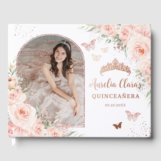 Blush Floral Butterfett Rose Gold Quince XV Foto Gästebuch (Vorderseite)