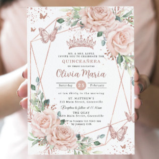 Blush Floral Butterfett Rose Gold Quinceañera Einladung
