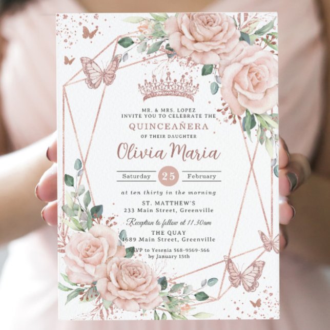 Blush Floral Butterfett Rose Gold Quinceañera Einladung (Von Creator hochgeladen)