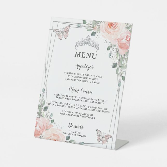 Blush Floral Butterflies Quinceañera Sweet 16 Menu Sockelschild (Vorderseite)