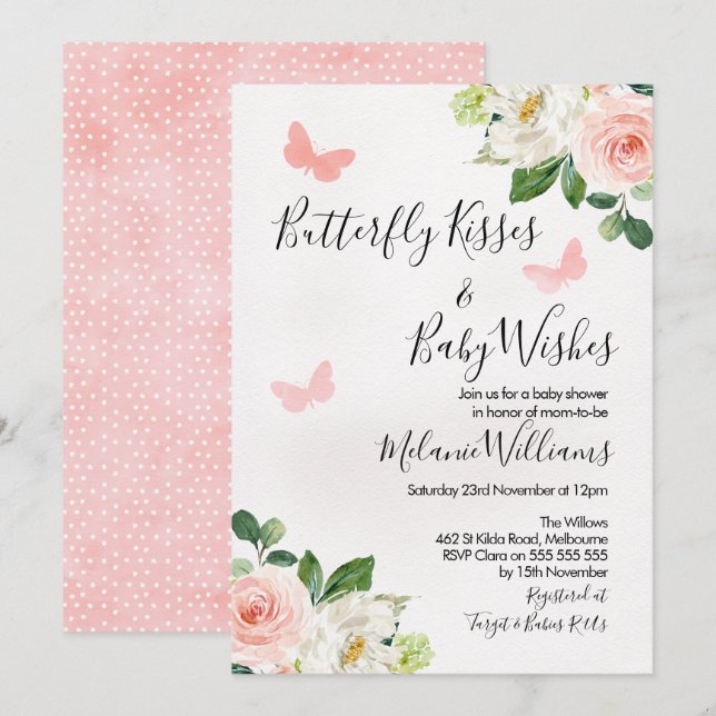 Blush Floral Butterfly Babydusche Einladung (Vorne/Hinten)