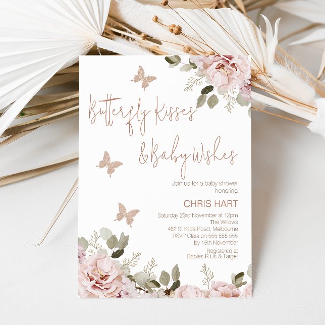 Blush Floral Butterfly Kisses Baby Dusche Einladung (Blush Boho Floral Butterfly Kisses and Baby Wishes Baby Shower Invitation Template, Bohemian)
