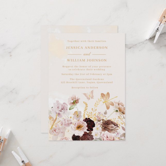 Blush Floral Butterfly Marmor Wasserfarbenhochzeit Einladung (Vorderseite/Rückseite Beispiel)