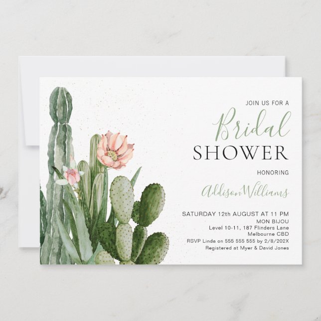 Blush Floral Cactus succulents Brautparty Einladung (Vorderseite)