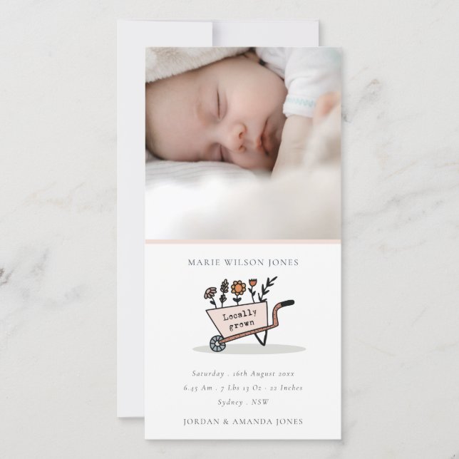 Blush Floral Cart Foto Baby Birth Ankündigung (Vorderseite)