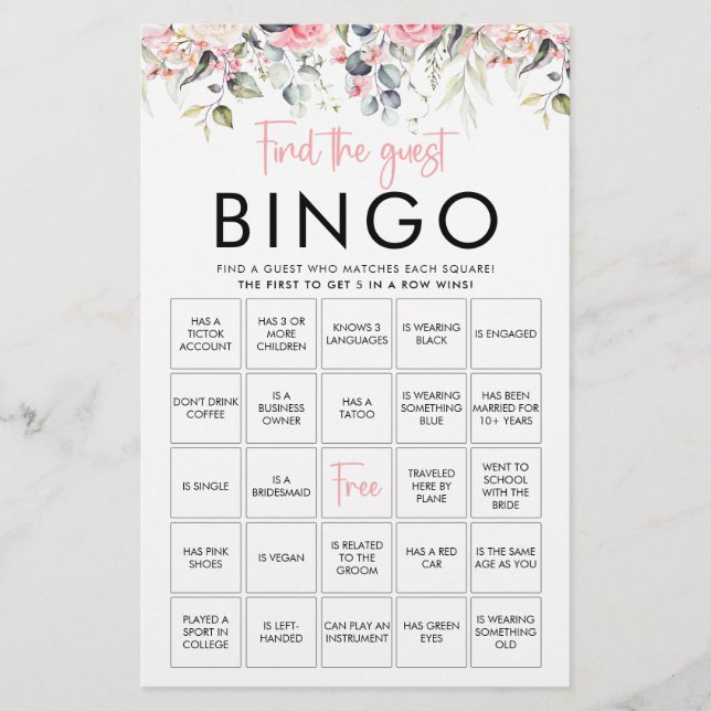 Blush Floral | Carte de jeu de Bingo pour invité(e (Devant)