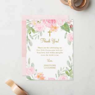 Blush Floral Communion oder Taufe Vielen Dank Mitteilungskarte
