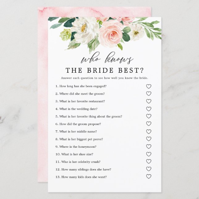 Blush Floral, der die Bride besten Game Cards kenn (Vorne/Hinten)